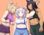 3girls :&lt; ? abs animal_ears bare_shoulders black_hair blonde_hair breasts brown_background clenched_hands closed_eyes closed_mouth collarbone commentary_request crop_top dark-skinned_female dark_skin ear_covers ear_ornament earrings fat green_shorts grey_hair hair_between_eyes hair_ornament hishi_miracle_(umamusume) horse_ears horse_girl horse_tail jewelry long_hair looking_at_another looking_at_viewer medium_breasts medium_hair multiple_girls muscular muscular_female narita_top_road_(umamusume) navel ohmi-wisteria open_mouth orange_background parted_lips ponytail purple_shorts purple_sports_bra shorts simple_background single_earring sports_bra symboli_kris_s_(umamusume) tail umamusume very_long_hair white_shorts white_sports_bra 