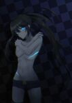  1girl black_hair black_rock_shooter black_rock_shooter:_dawn_fall black_rock_shooter_(character) black_shorts blue_eyes breasts checkered_background collarbone covering covering_breasts cowboy_shot floating_hair glowing glowing_eye groin highres kuthird346 long_hair micro_shorts navel open_mouth shorts sideboob small_breasts solo standing topless twintails very_long_hair 