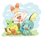  &gt;o&lt; arm_up blue_eyes blush bright_pupils brown_eyes buck_teeth closed_eyes cloud grookey hand_on_another&#039;s_head highres nostrils open_mouth outdoors pokemon pokemon_(creature) saudade_sn scorbunny sitting sobble starter_pokemon_trio teeth white_pupils 