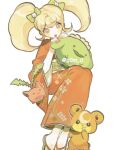  1girl :o artist_name blonde_hair blush bow cat_hair_ornament character_request danganronpa_(series) danganronpa_2:_goodbye_despair hair_ornament highres invisible_chair japanese_clothes kimono long_hair long_sleeves obi open_mouth orange_kimono pokemon pokemon_(creature) saionji_hiyoko sandals sash simple_background sitting solo teddiursa teeth twintails upper_teeth_only white_background wide_sleeves xxxxgom 