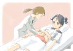  2girls bed black_eyes black_hair blanket blush_stickers brown_hair doctor hair_bun highres lab_coat looking_at_another lying measuring multiple_girls mutou_youshun navel on_bed original panties pillow pregnant sailor_collar school_uniform serafuku smile tape_measure underwear 