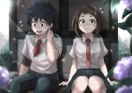  1boy 1girl belt blush boku_no_hero_academia brown_hair closed_mouth collared_shirt dark_green_hair flower freckles green_pants green_skirt hand_on_own_neck highres midoriya_izuku necktie nervous nose_blush open_mouth pants purple_flower r1014-chopper red_necktie school_uniform shirt short_sleeves sitting skirt u.a._school_uniform uraraka_ochako white_shirt 