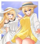  2girls alternate_costume blonde_hair blue_eyes breasts cleavage day dress earrings hat highres jewelry kantai_collection kasashi_(kasasi008) looking_at_viewer medium_breasts multiple_girls official_alternate_costume open_mouth ranger_(kancolle) shirt shorts smile sun_hat tuscaloosa_(kancolle) 