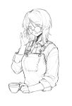  1girl apron collared_shirt cup faust_(project_moon) glasses greyscale hand_up highres ivy_(675671) limbus_company looking_at_viewer monochrome necktie parted_lips project_moon round_eyewear shirt short_hair simple_background sketch smile solo teacup upper_body 