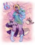  &lt;3 anonymous_artist anthro bed blush cellphone claws clothing collar female fur furniture hair hi_res humanoid looking_at_viewer multicolored_clothing multicolored_hair multicolored_tail panties phone plushie purple_body purple_fur shirt simple_background solo star t-shirt tail teeth topwear underwear white_background 