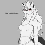  anthro bottomwear breasts canid canid_demon canine canis clothed clothing demon dialogue digital_drawing_(artwork) digital_media_(artwork) ear_piercing english_text female firstletterj fur hair hellhound helluva_boss hi_res line_art long_hair loona_(helluva_boss) mammal monochrome navel open_mouth piercing red_eyes red_sclera ring_piercing shirt shorts signature simple_background solo tail tank_top text topwear wolf 