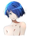  1girl blue_hair breasts cropped_torso diagonal_bangs earrings eyelashes genshin_impact green_eyes hair_over_one_eye highres jewelry looking_at_viewer medium_breasts no_nipples nude pillosopi short_hair simple_background smile solo upper_body white_background yelan_(genshin_impact) 