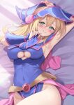  1girl :q armpits bed_sheet blonde_hair blue_dress blue_headwear blush_stickers breasts clothing_cutout covered_navel dark_magician_girl dress duel_monster fingernails hair_between_eyes hat highres kimblee looking_at_viewer lying medium_breasts on_back solo thighs tongue tongue_out underboob_cutout wizard_hat yu-gi-oh! yu-gi-oh!_duel_monsters 