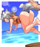  1girl animal_ears ass barefoot blue_one-piece_swimsuit blue_sky cloud cloudy_sky commentary cougar_(cougar1404) day english_commentary falling fang frown grey_hair horizon lens_flare life_vest medium_hair mixed-language_commentary ocean one-piece_swimsuit open_mouth original out_of_frame outdoors pushing short_hair sky sweatdrop swimsuit tail water wolf_ears wolf_tail yellow_eyes 
