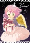  1girl bambi-pix bangs black_background blush box crown dress gift gift_box green_eyes happy_birthday harpy_(puyopuyo) madou_monogatari mini_crown pink_dress pink_hair puyopuyo short_hair smile 