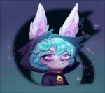  1girl animal_ears black_hoodie cropped_torso ears_through_headwear frown green_hair hair_between_eyes hood hood_up hoodie league_of_legends multicolored_background myobi_(f0r_l0l) pink_eyes short_hair solo vex_(league_of_legends) vex_shadow_(league_of_legends) yordle 