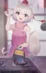 1girl :d animal_ear_fluff animal_ears apron arm_up blurry blurry_background chopsticks cooking fire food highres holding holding_chopsticks holding_pan indoors inubashiri_momiji matcha_yado naked_apron open_mouth pancake pink_apron pom_pom_(clothes) red_eyes short_hair smile solo stove tail touhou upper_body white_hair wolf_ears wolf_girl wolf_tail 