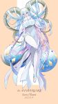  1girl 2022 :o absurdres anniversary aqua_hair bangs breasts character_name commentary_request curled_horns dated dragon_horns english_text fate/grand_order fate/grand_order_arcade fate_(series) full_body highres horns large_breasts large_horns larva_tiamat_(fate) long_hair looking_at_viewer pelvic_curtain pointy_ears signature simple_background solo sweater symbol-shaped_pupils tiamat_(fate) tsukumo_kyouko very_long_hair x_x 