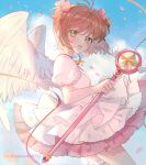  +1_(yakusoku0722) 1girl blue_sky blush brown_hair cardcaptor_sakura cloud cloudy_sky dress female_child green_eyes hair_between_eyes highres holding holding_wand kinomoto_sakura magical_girl sky solo wand white_dress wings 