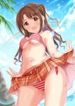  1girl :d bare_shoulders bikini bikini_under_clothes blue_sky blurry blurry_background blush breasts brown_eyes brown_hair brown_skirt clothes_lift cloud collarbone cowboy_shot day dot_nose from_below highres holding idolmaster idolmaster_cinderella_girls idolmaster_cinderella_girls_starlight_stage lens_flare lifted_by_self long_hair looking_at_viewer medium_breasts navel ocean one_side_up open_mouth outdoors palm_tree plaid plaid_skirt pleated_skirt rainbow red_bikini shimamura_uzuki side-tie_bikini_bottom skirt skirt_lift sky smile solo standing striped striped_bikini sunlight swimsuit teeth tktk135 tree underboob upper_teeth_only v 