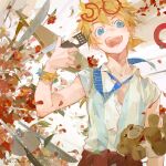  1boy a-shacho bandaid bangle blonde_hair blue_eyes bracelet butter_knife clothes_around_waist controller dress_shirt eyewear_on_head fangs flower highres holding holding_remote_control jacket jacket_around_waist jewelry kagamine_len leaf lensless_glasses looking_at_viewer loose_necktie male_focus necktie open_mouth partially_unbuttoned petals ponytail remote_control shirt short_hair slit_pupils smile stuffed_animal stuffed_toy teddy_bear vocaloid white_shirt 