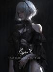  1girl 2b_(nier:automata) backlighting black_dress blood cowboy_shot cuts dress earrings eyelashes fingernails grey_hair hairband highres injury jewelry lips long_fingernails looking_to_the_side mole mole_under_mouth nier:automata nier_(series) nixeu nose patreon_username red_eyes short_hair signature solo standing torn_clothes 