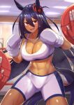  1girl animal_ears bare_shoulders bike_shorts blue_hair blurry blurry_background boxing_gloves breasts ceiling_light cleavage clenched_hands commission cowboy_shot dark-skinned_female dark_skin fang highres hishi_amazon_(umamusume) horse_ears horse_girl horse_tail indoors large_breasts long_hair looking_at_viewer midriff navel open_mouth pov red_eyes same_kujira_(challenger_310) shorts skeb_commission smile solo sparkle sports_bra standing sweat tail toned umamusume v-shaped_eyebrows white_shorts 