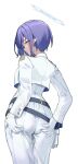  1girl aoi_(blue_archive) ass blue_hair copyright_request embarrassed gloves halo hand_on_own_hip long_sleeves pointy_ears shirt short_hair white_gloves white_shirt zi_se 