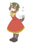  1girl :3 animal_ear_fluff animal_ears arms_behind_back bow bowtie brown_eyes brown_hair cat_ears cat_tail chen citrus_(place) dress earrings full_body gold_trim hat highres jewelry leaning_forward looking_at_viewer mob_cap multiple_tails nekomata paw_print petite red_dress short_hair single_earring solo standing tail touhou two_tails yellow_bow yellow_bowtie 