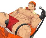  1boy abs backwards_hat bandaid bandaid_on_cheek bandaid_on_face bara beom_liben black_male_underwear brown_eyes brown_hair bulge closed_mouth clothes_pull erection erection_under_clothes gondom hat highres jacket jacket_on_shoulders large_pectorals lying male_focus male_underwear muscular muscular_male navel nipples on_back orange_jacket orange_pants original pants pants_pull pectorals red_shorts second-party_source short_hair shorts smile solo thick_thighs thighs underwear 