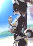  2023 anthro arm_tuft beach bikini black_body black_fur black_nose breasts brown_body brown_fur canid canine canis chest_tuft clothing dessert domestic_dog elbow_tuft eyelashes female food fur hair hi_res ice_cream inukoro_(kikurage) kemono kikurage kuroshiba_nagomi mammal multicolored_body multicolored_fur outside pattern_bikini pattern_clothing pattern_swimwear seaside short_hair side_boob solo striped_bikini striped_clothing striped_swimwear stripes swimwear tuft white_body white_fur 