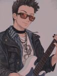  1boy black_hair black_nails choker commentary earrings english_commentary guitar hunter_x_hunter ik18166181ik instrument jacket jewelry leather leather_jacket leorio_paladiknight looking_at_viewer male_focus simple_background solo sunglasses upper_body 