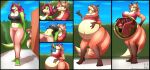  absurd_res ambush anthro anthro_pred anthro_prey belly big_belly big_breasts breasts brown_hair canid canine cannibalism cleavage clothed clothing comic dipstick_tail duo female female/female female_pred female_prey fox grabbing_from_behind green_body hair hair_in_mouth hand_on_butt hand_on_own_belly hand_on_own_butt head_first head_in_mouth hi_res inside_stomach internal looking_around_corner mammal markings midriff navel neck_bulge oral_vore orange_body organs outside pink_hair same_size_vore sneaking stomach swallowing tacticalfur tail tail_markings unusual_coloring vore 