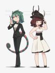  2girls :3 adjusting_clothes adjusting_headwear alternate_costume beads black_bow black_bowtie black_footwear black_hairband black_headwear black_jacket black_pants black_suit blunt_bangs blush_stickers bow bowtie bracelet braid breasts brown_hair cecile_(porforever) chain chameleon_girl chameleon_tail character_request closed_eyes closed_mouth commentary dress formal full_body green_hair hair_beads hair_between_eyes hair_ornament hairband hand_in_pocket hands_on_own_hips hat hat_feather height_chart highres holding holding_pen insect_on_head jacket jewelry looking_at_viewer medium_breasts medium_hair multiple_girls necklace no_socks one_eye_closed original pants pen porforever red_bow red_bowtie red_eyes side_braid single_braid smile standing striped_tail suit symbol-only_commentary tail tarantula white_dress 