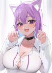  1girl :3 absurdres akai_ame animal_ear_fluff belt belt_collar black_belt breasts cleavage collar curtains fang hair_between_eyes highres hololive large_breasts long_sleeves looking_at_viewer medium_hair nekomata_okayu open_mouth paw_pose purple_eyes purple_hair smile solo upper_body virtual_youtuber 