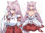  1girl animal_ear_fluff animal_ears blush breasts cat_ears cleavage commentary_request hakama hakama_skirt japanese_clothes large_breasts long_hair miko multiple_views nijisanji official_alternate_costume open_clothes pink_eyes pink_hair red_hakama red_ribbon ribbon ribbon-trimmed_sleeves ribbon_trim shiina_yuika shiina_yuika_(3rd_costume) skirt swept_bangs takanashi_ringo very_long_hair virtual_youtuber wide_sleeves 