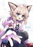  1girl ahoge animal_ear_fluff animal_ears arknights artist_name black_bracelet black_choker blue_shirt choker cloak coat cross fox_ears fox_girl fox_tail gloves highres infection_monitor_(arknights) jacket kneeling looking_at_viewer medic open_cloak open_clothes open_hand open_mouth oripathy_lesion_(arknights) outstretched_arms red_cross shirt short_hair sleepyowl_(jobkung15) smile sparkle sussurro_(arknights) tail white_coat white_gloves white_jacket 