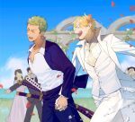  1girl 218rin 4boys black_pants black_suit blonde_hair blue_skirt blush closed_eyes curly_eyebrows earrings facial_hair formal green_hair highres holding_hands jewelry looking_at_another male_focus multiple_boys one_piece outdoors pants roronoa_zoro sanji_(one_piece) scar scar_across_eye shirt short_hair skirt smile straw_hat_pirates suit sword weapon wedding white_pants white_shirt white_suit yaoi 