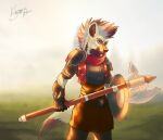  anthro armor brightphoenix buckler fantasy halberd hyena male mammal melee_weapon polearm solo solo_focus sunset vesperitilio weapon 