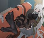  1girl animal_print arknights bdsm black_thighhighs bondage bound breasts couch gag gagged grey_hair grey_shorts highres improvised_gag indoors long_hair looking_at_viewer no_shoes on_couch red_eyes restrained rope shibari shorts skadi_(arknights) solo tape tape_gag thighhighs tunaabyssal 