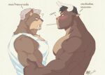  2boys ? animal_ear_fluff animal_ears arm_grab bara black_hair blue_eyes blush brown_fur clothed_male_nude_male cow_ears cow_horns earrings eye_contact food_in_mouth from_side furry furry_male furry_with_furry grabbing_own_arm highres horns jewelry large_pectorals light_brown_hair looking_at_another male_focus mature_male minotaur multiple_boys muscular muscular_male nude original pectorals pocky_day pocky_in_mouth shiriya_k short_hair tank_top translation_request upper_body walrus_boy white_tank_top yaoi 