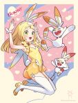  1girl :d arms_up blonde_hair braid bunny_day commentary_request eyelashes full_body green_eyes hairband high_heels highres kinocopro leotard lillie_(pokemon) long_hair open_mouth pokemon pokemon_(creature) pokemon_(game) pokemon_ears pokemon_sm rabbit_pose scorbunny smile teeth thighhighs tongue twin_braids twitter_username upper_teeth_only watermark white_hairband white_thighhighs wrist_cuffs yellow_footwear yellow_leotard 