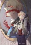  1boy :d absurdres amuroseo ascot biting black_ascot black_gloves black_jacket blonde_hair blood blood_on_clothes blood_splatter blue_pants brooch collared_shirt cowboy_shot double-parted_bangs dual_persona eye_trail fate/grand_order fate_(series) frown glasses gloves green_eyes grey_vest hair_between_eyes half_gloves hands_up highres jacket jacket_on_shoulders jekyll_and_hyde_(fate) jewelry light_particles light_trail lip_biting looking_at_hand male_focus open_clothes open_vest pants portrait_(object) profile red_eyes sharp_teeth shirt short_hair smile solo standing suspenders teeth vest wallpaper_(object) white_shirt 