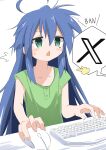  1girl absurdres blue_hair blush_stickers cynical_(llcbluckg_c004) green_eyes hair_between_eyes highres izumi_konata keyboard_(computer) long_hair lucky_star messy_hair mole mole_under_eye mouse_(computer) open_mouth pointing simple_background solo white_background x 