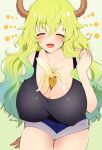  1girl :d banana bare_arms bare_shoulders bb_m0024 between_breasts black_tank_top blonde_hair blue_shorts blush breasts brown_horns cleavage closed_eyes commentary cowboy_shot denim facing_viewer food food_between_breasts fruit gradient_background gradient_hair green_background green_hair hair_between_eyes highres horns huge_breasts jeans kobayashi-san_chi_no_maidragon long_hair lucoa_(maidragon) multicolored_hair open_mouth pants raised_eyebrows shorts sidelocks sleeveless smile solo symbol-only_commentary tank_top twitter_username 