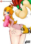  1boy 1girl absurdres anus artist_request ass bent_over blue_eyes bowser breasts butt_plug highres looking_back mario_(series) medium_breasts monster non-web_source open_mouth panties pink_lips pink_nails pink_panties princess_peach pussy self-upload sex_toy thick_thighs thighs tongue tongue_out underwear 