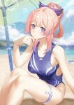  1girl beach_umbrella blue_one-piece_swimsuit blurry blurry_background bow-shaped_hair breasts bubble commentary_request genshin_impact gradient_hair highres light_smile linreplica long_hair looking_at_viewer medium_breasts multicolored_hair ocean one-piece_swimsuit pink_hair pink_nails purple_eyes sangonomiya_kokomi sidelocks sitting solo swimsuit thigh_strap thighs umbrella 