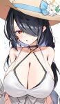  1girl bare_shoulders black_hair blue_archive blush breasts choker cleavage collarbone earrings flying_sweatdrops hair_over_one_eye halo hat highres hinata_(blue_archive) hinata_(swimsuit)_(blue_archive) horn/wood huge_breasts jewelry long_hair looking_at_viewer low_ponytail one-piece_swimsuit parted_lips red_eyes sun_hat swept_bangs swimsuit white_one-piece_swimsuit yellow_headwear 