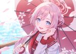  1girl black_ribbon blue_archive blue_eyes blurry blush bow braid braided_bun hair_between_eyes hair_bun hair_ornament hair_ribbon halo holding holding_umbrella japanese_clothes long_hair looking_at_viewer mimori_(blue_archive) official_art open_mouth pink_hair pink_pupils red_bow red_sailor_collar ribbon sailor_collar school_uniform sidelocks smile solo tokki umbrella 