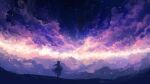  1girl axleaki cloud cloudy_sky commentary_request dress facing_away floating_hair from_behind highres horns lens_flare long_hair night night_sky original outdoors purple_theme scenery silhouette sky solo standing star_(sky) starry_sky wide_shot 