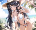 1girl beach bent_over bikini black_hair blue_eyes blush breasts character_request cleavage closed_mouth cloud copyright_request cowboy_shot dappled_sunlight flower hair_flower hair_ornament hat large_breasts leaf light_particles long_hair looking_at_viewer ludaf navel outdoors palm_tree shadow sidelocks sky smile solo sparkle stomach straw_hat summer sunlight swimsuit tree water water_drop wet white_bikini white_flower 