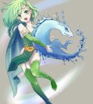  1girl aged_up breasts cape chicken_love dated detached_sleeves earrings final_fantasy final_fantasy_iv foot_out_of_frame green_eyes green_hair hair_ornament highres jewelry leviathan_(final_fantasy) long_hair looking_at_viewer open_mouth rydia_(ff4) simple_background smile solo thighhighs 