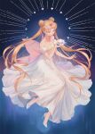  1girl artist_name bare_shoulders bishoujo_senshi_sailor_moon blonde_hair blue_eyes commentary_request cursive double_bun dress flower full_body hair_bun high_heels highres holding holding_flower koichame long_hair looking_at_flowers princess_serenity smile solo strapless strapless_dress tiara tsukino_usagi twintails very_long_hair white_dress white_footwear 