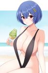  1girl amane_(senran_kagura) arm_at_side armpit_crease bare_arms bare_shoulders beach black_slingshot_swimsuit blue_hair blue_sky blush breasts cleavage closed_mouth collarbone commentary_request cowboy_shot crossed_bangs day food hair_between_eyes hair_ornament hairclip hand_up highres holding holding_food holding_ice_cream horizon ice_cream ice_cream_cone large_breasts letterboxed looking_at_viewer navel ocean outdoors outside_border red_eyes senran_kagura senran_kagura_new_link short_hair sitting sky slingshot_swimsuit soft_serve solo stomach surippa1010 swimsuit 