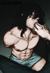  2boys abs arms_behind_back bara black_hair boku_no_hero_academia boxers eraser_head_(boku_no_hero_academia) facial_hair finger_in_another&#039;s_mouth grey_male_underwear highres kneeling leg_hair licking licking_finger long_hair looking_at_viewer male_focus male_underwear mature_male multiple_boys navel navel_hair nipples pectorals pov pov_hands saliva smokerichi solo_focus stomach stubble toned toned_male topless_male underwear yaoi 